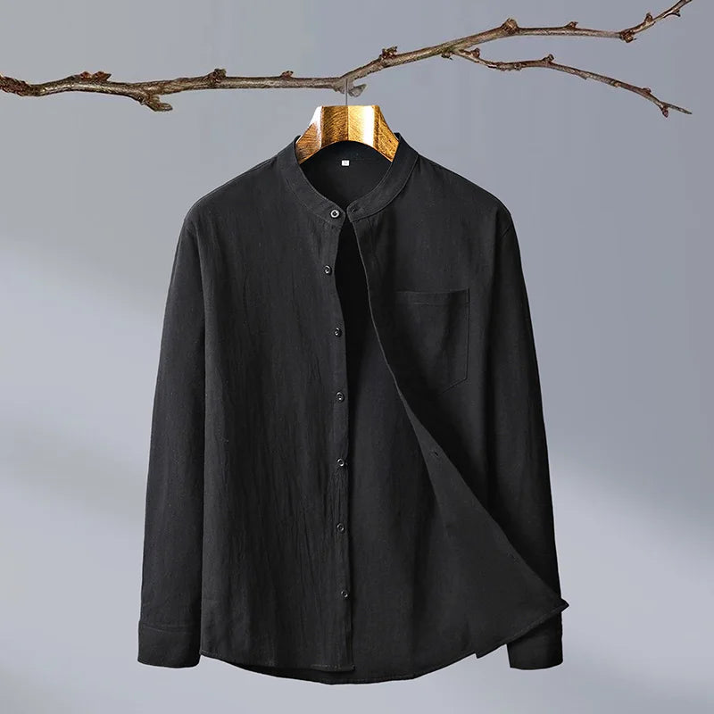 Men's Long Sleeve Henley Polo - Relaxed & Band Collar