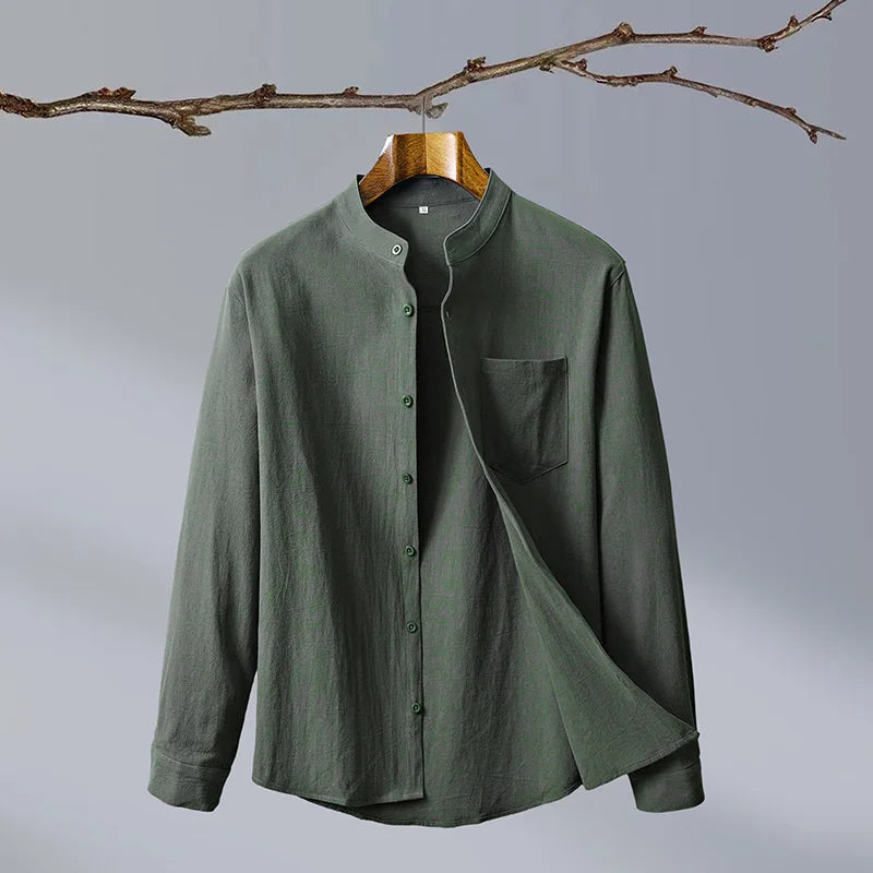 Men's Long Sleeve Henley Polo - Relaxed & Band Collar