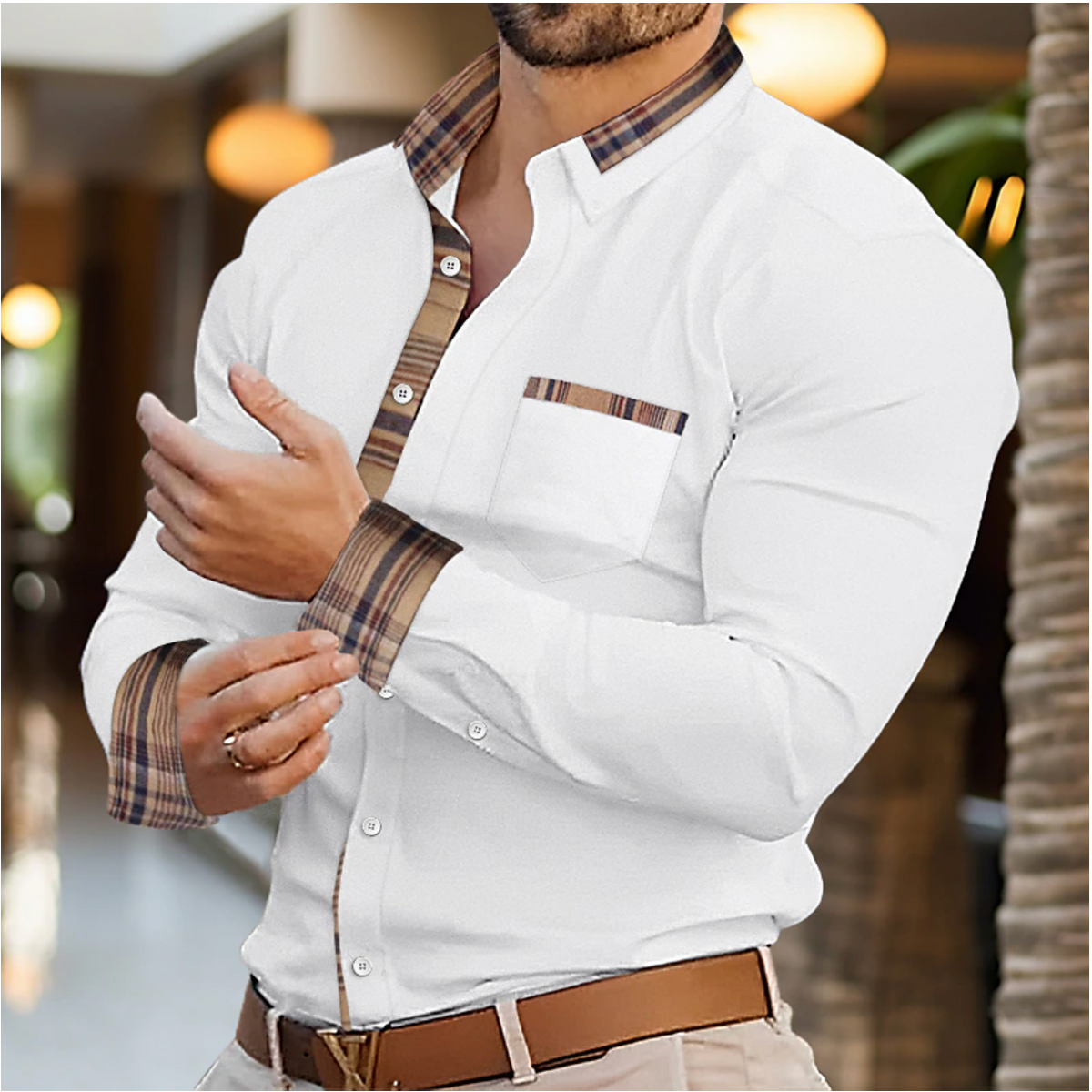 Men's Long Sleeve Polo - Plaid Trim Tailored Shirt
