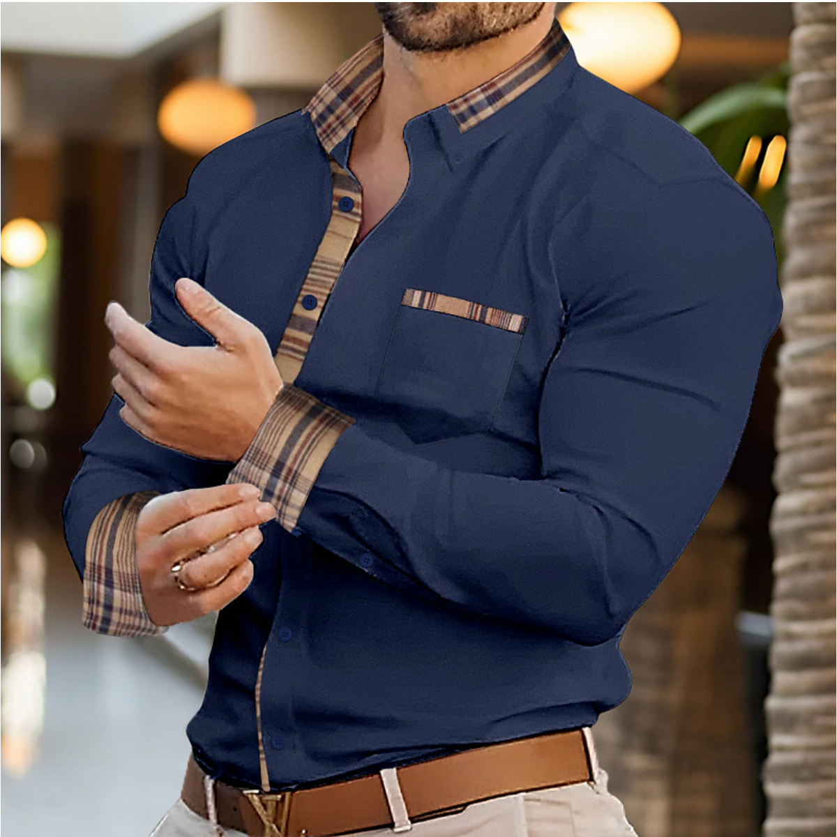 Men's Long Sleeve Polo - Plaid Trim Tailored Shirt