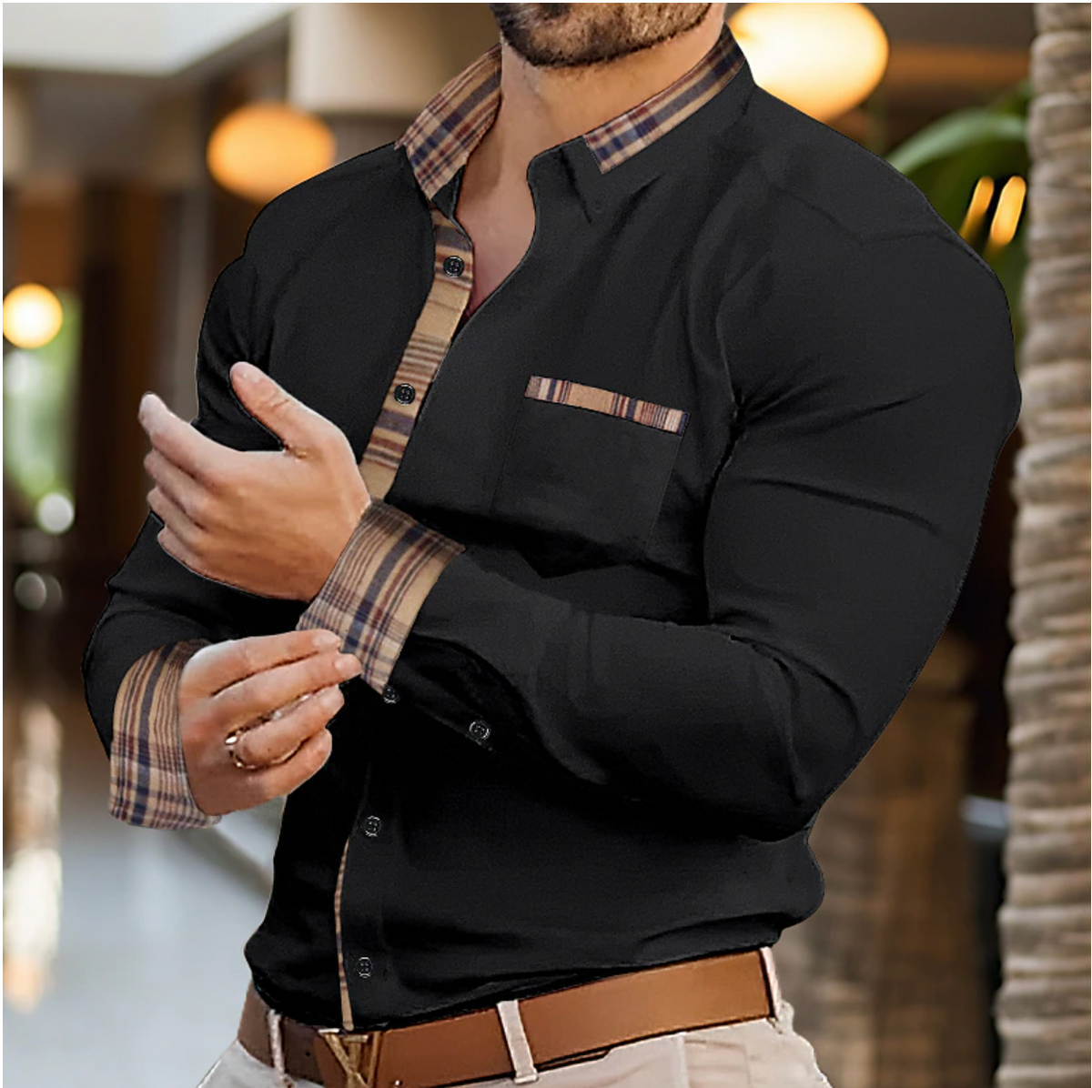 Men's Long Sleeve Polo - Plaid Trim Tailored Shirt