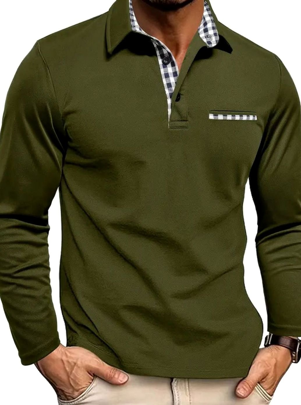 Men's Long Sleeve Polo Shirt - Plaid Collar Design