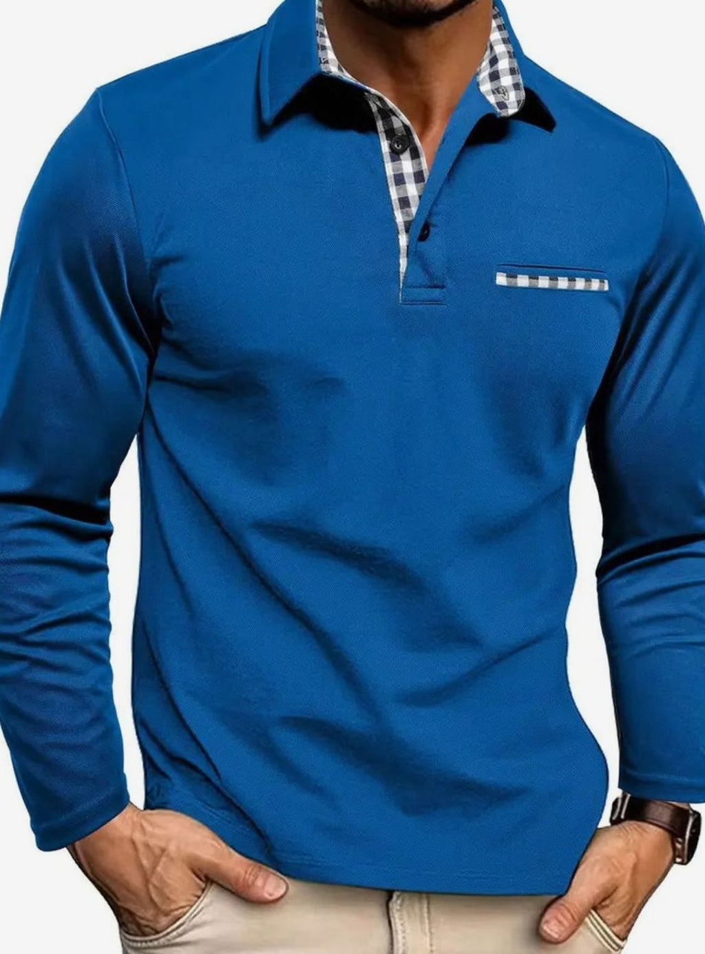 Men's Long Sleeve Polo Shirt - Plaid Collar Design