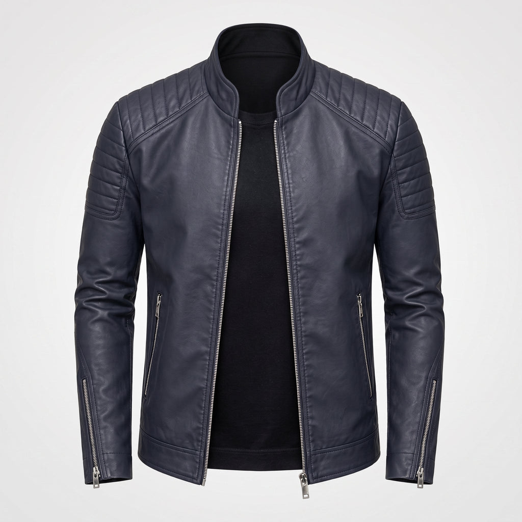 Men's Slim Fit Biker Jacket Stand Collar Zip Front