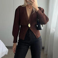 Women’s Cropped V-Neck Knit Cardigan with Statement Button – Relaxed Balloon Sleeve Layer for Smart Casual Wear