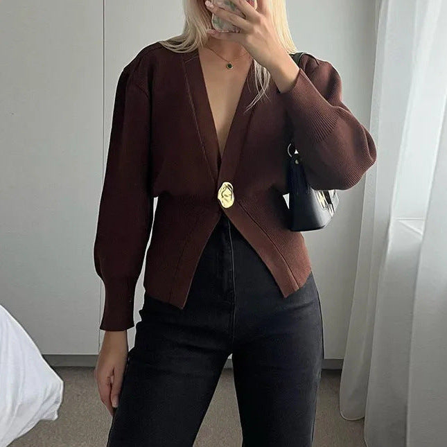 Women’s Cropped V-Neck Knit Cardigan with Statement Button – Relaxed Balloon Sleeve Layer for Smart Casual Wear