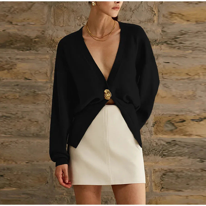 Women’s Cropped V-Neck Knit Cardigan with Statement Button – Relaxed Balloon Sleeve Layer for Smart Casual Wear