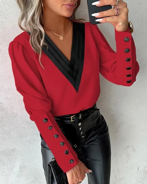 Women's Elegant V-Neck Blouse – Contrast Layered Neckline with Statement Button Cuffs for Office and Smart Casual Wear
