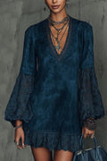 Faux Suede Flared Sleeve Lace Mini-Length Dress