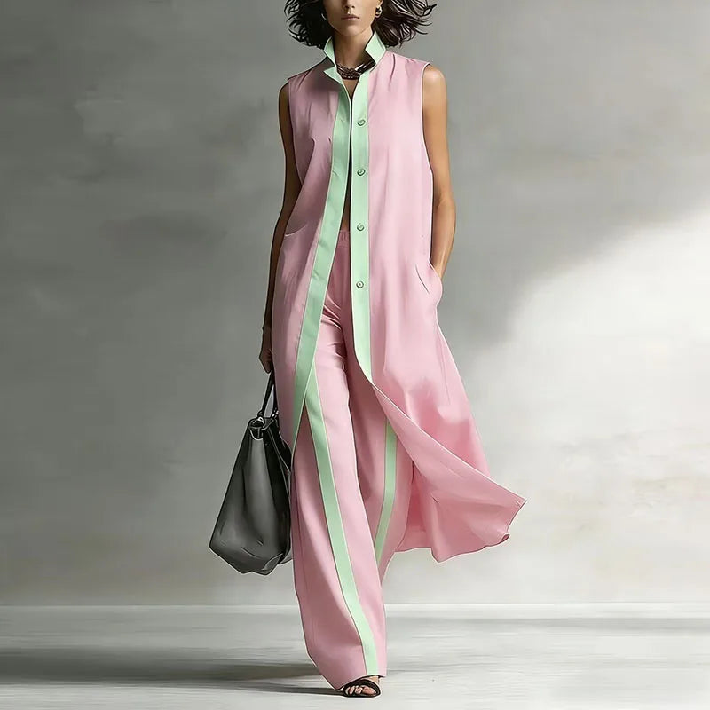 Women’s Sleeveless Longline Tunic and Wide-Leg Trouser Set – Button-Front Design with Contrast Trim for Summer