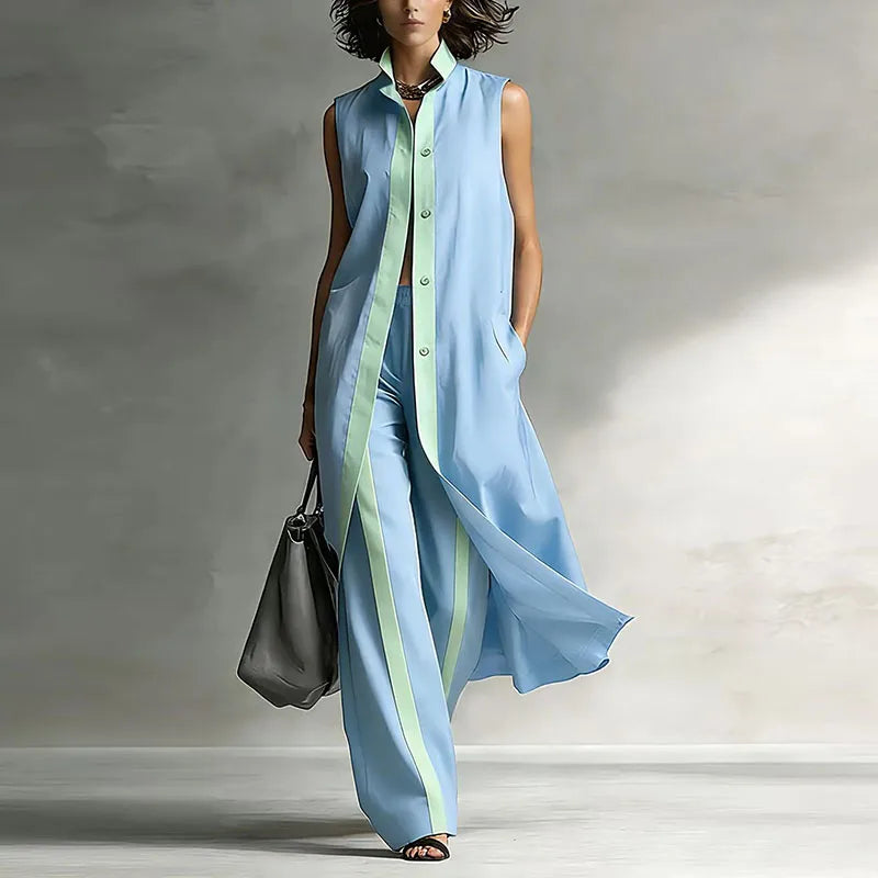 Women’s Sleeveless Longline Tunic and Wide-Leg Trouser Set – Button-Front Design with Contrast Trim for Summer