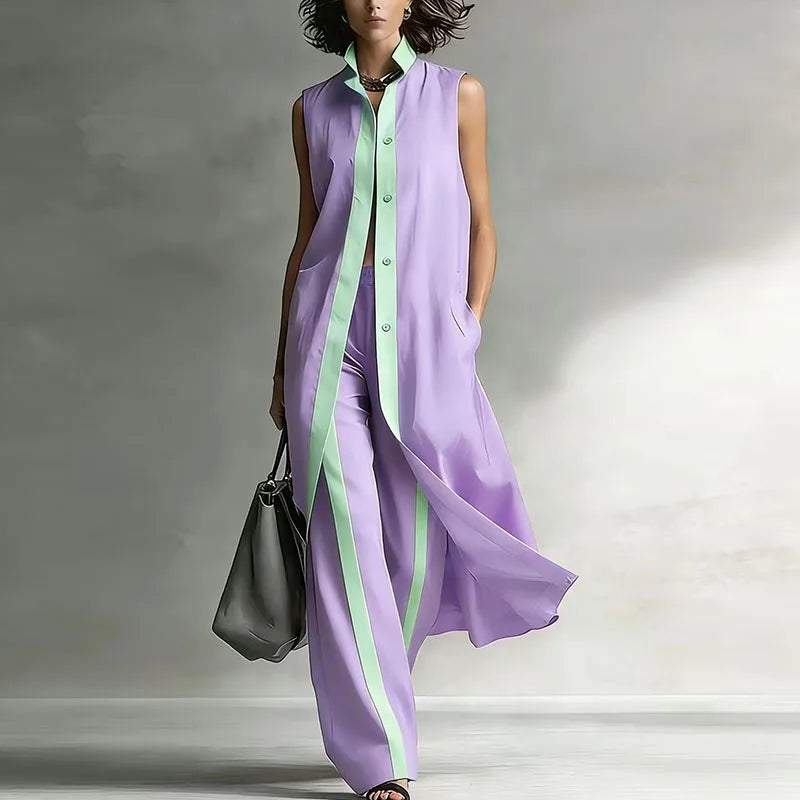 Women’s Sleeveless Longline Tunic and Wide-Leg Trouser Set – Button-Front Design with Contrast Trim for Summer