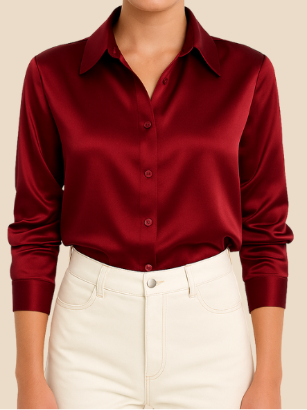 Women’s Satin Button-Front Shirt with Classic Collar – Soft Draping and Long Sleeves for Work and Evening Wear