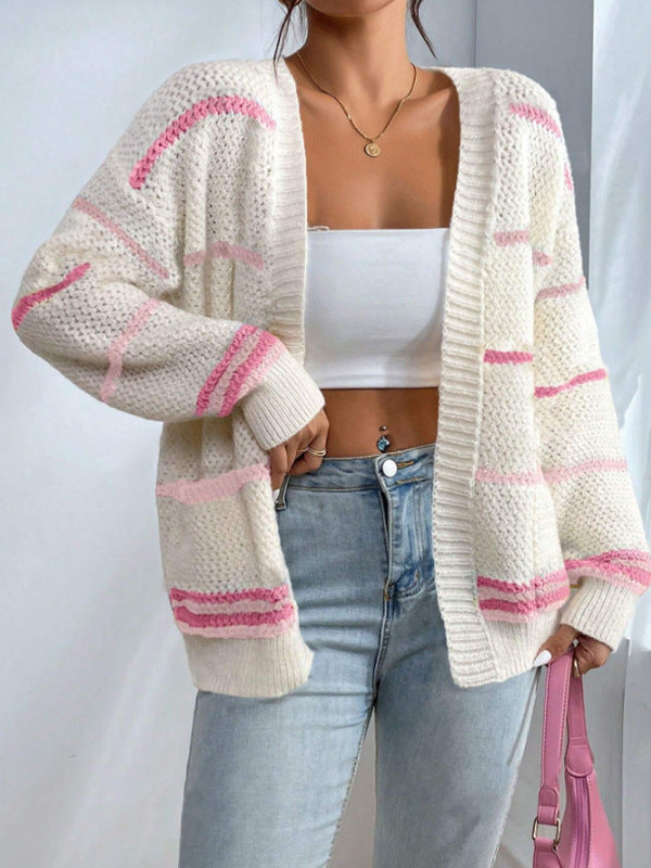 Women’s Oversized Open Front Chunky Knit Cardigan – Soft Printed Long Sleeve Layer for Autumn and Winter