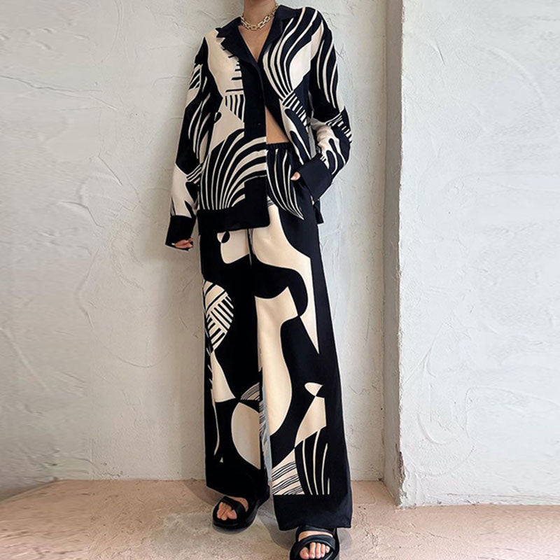 Women’s Relaxed Printed Button-Up Shirt and Wide Leg Trouser Set – Lightweight Satin Blend Two-Piece Summer Resort Outfit
