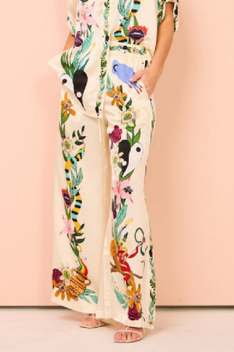 Boho Nature Patterned Satin Shirt & Trousers Set