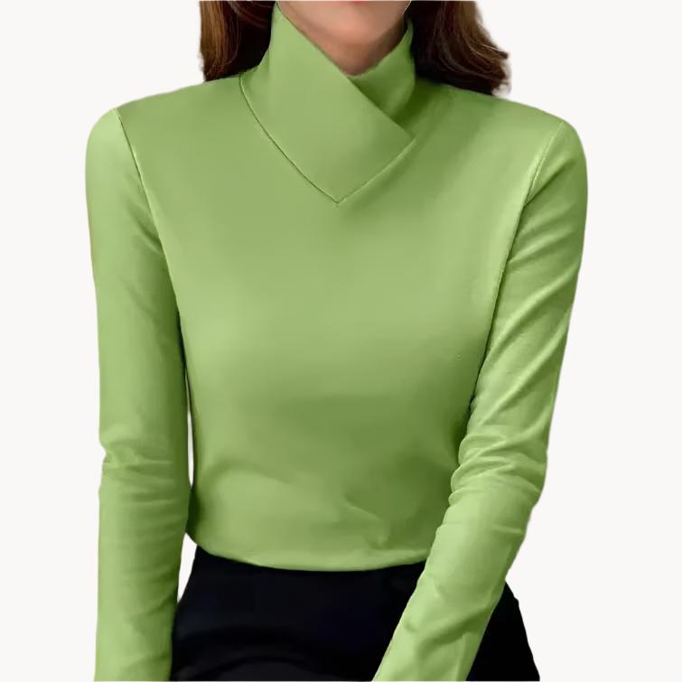 Women's Elegant Asymmetric High-Neck Knitted Jumper with Crossover Collar and Long Sleeves – Soft Cotton Cashmere Blend Slim Fit Pullover for Smart Casual Office Wear and Autumn Winter Layering