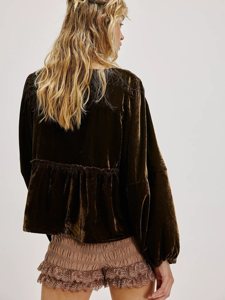 Velvet Blouse with Bow Closure