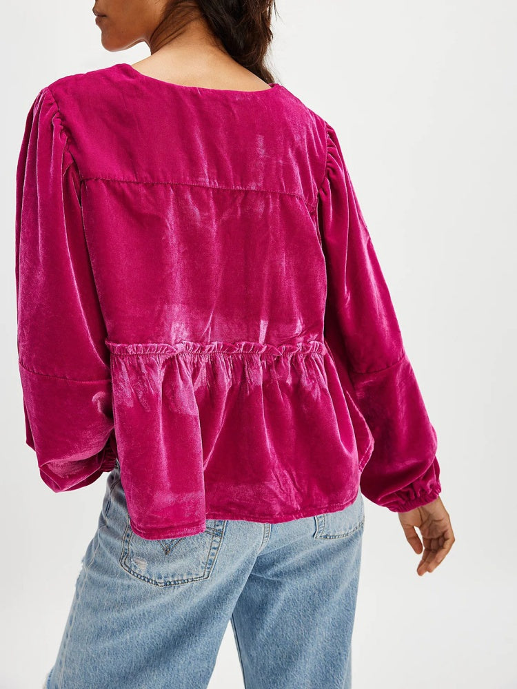Velvet Blouse with Bow Closure