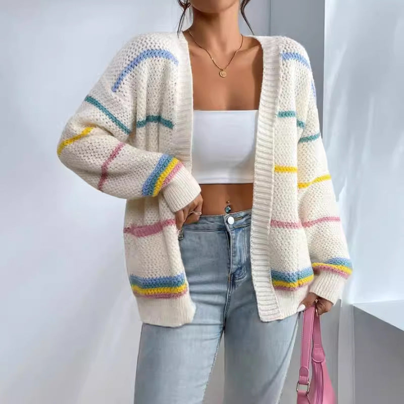 Women’s Oversized Open Front Chunky Knit Cardigan – Soft Printed Long Sleeve Layer for Autumn and Winter