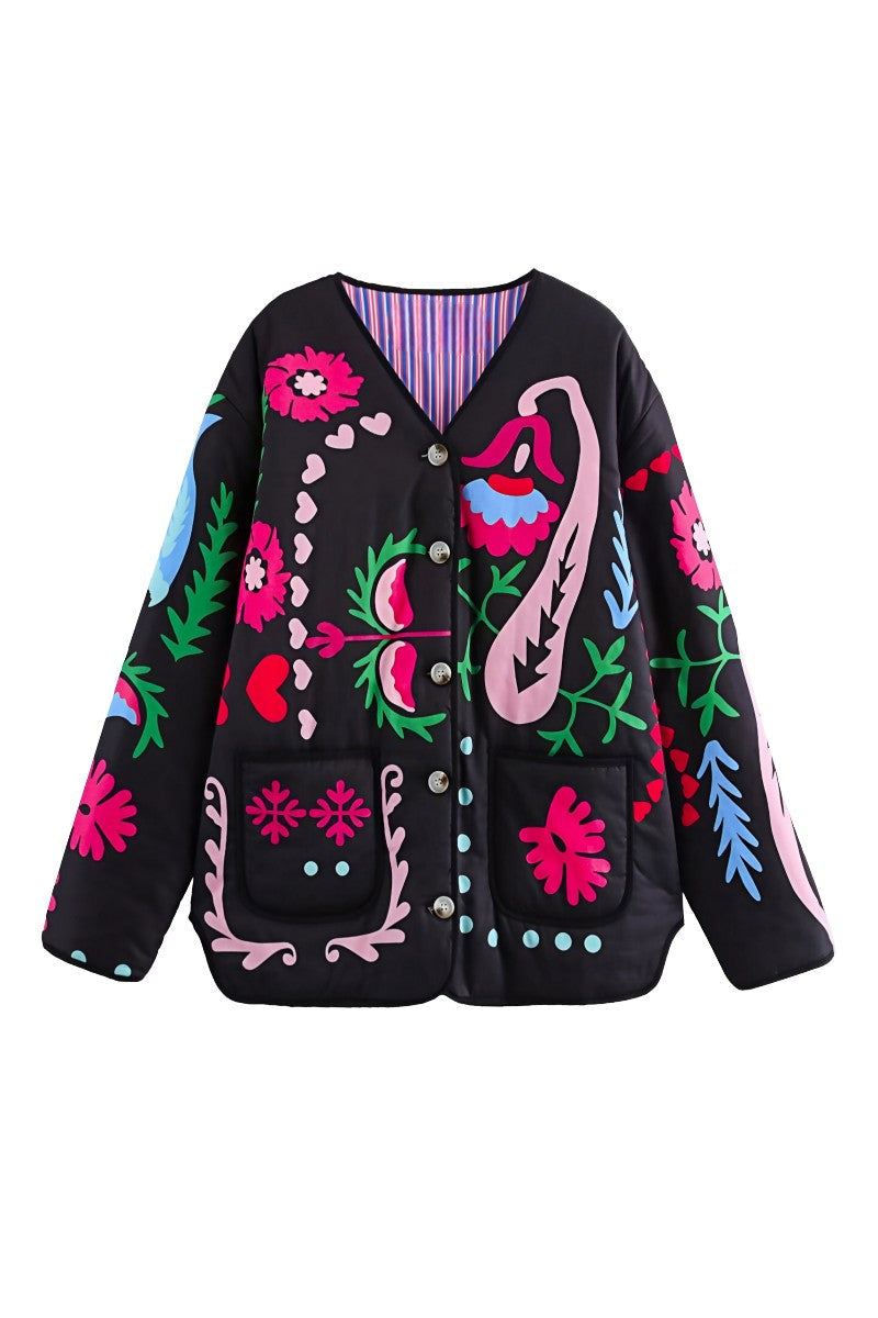 Cute Flower Print Pocket Jacket