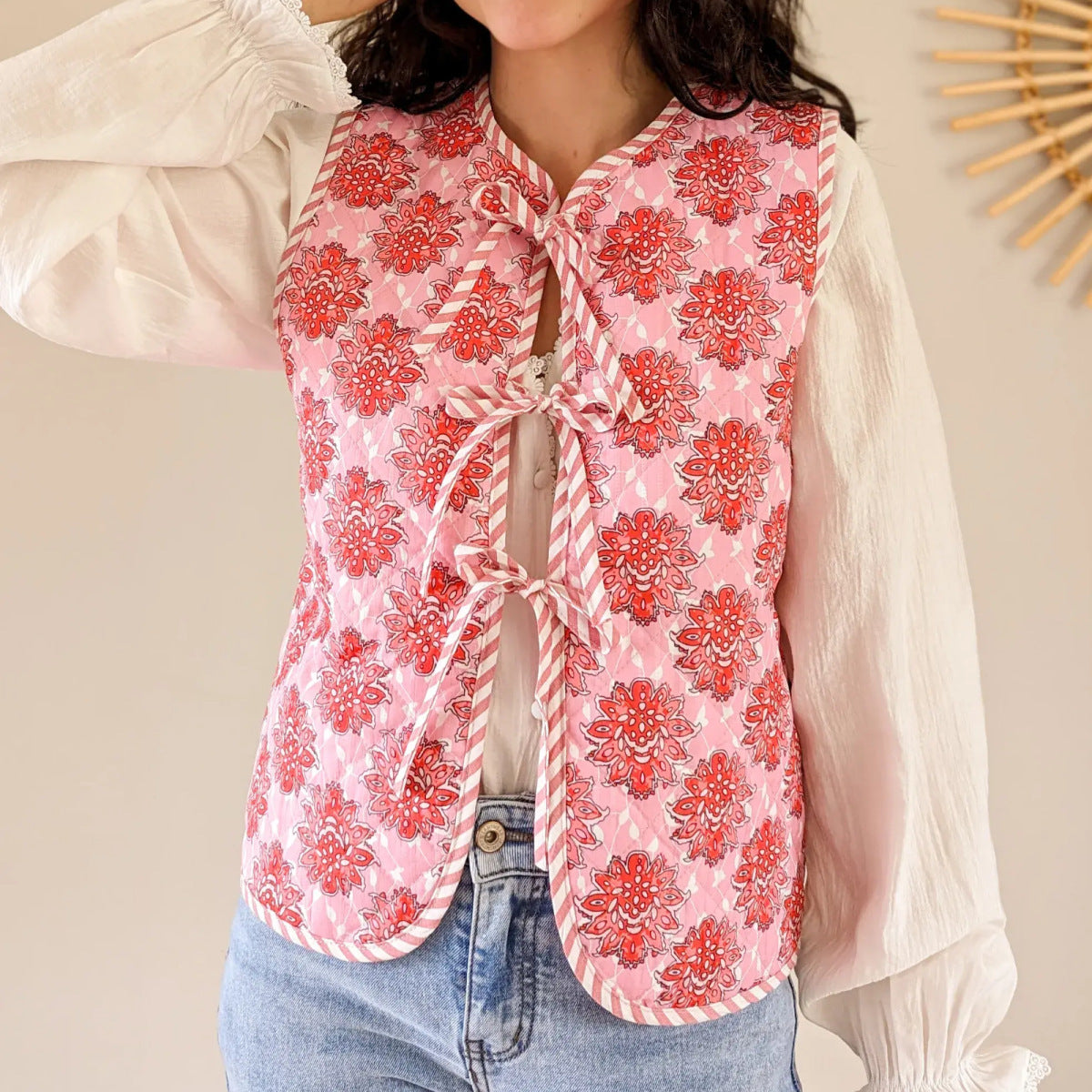 Quilted Vest with Floral Print and Tie Details