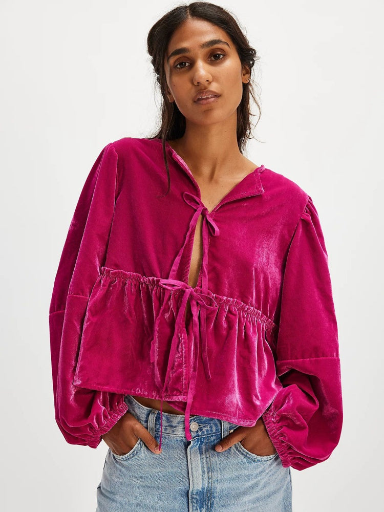 Velvet Blouse with Bow Closure