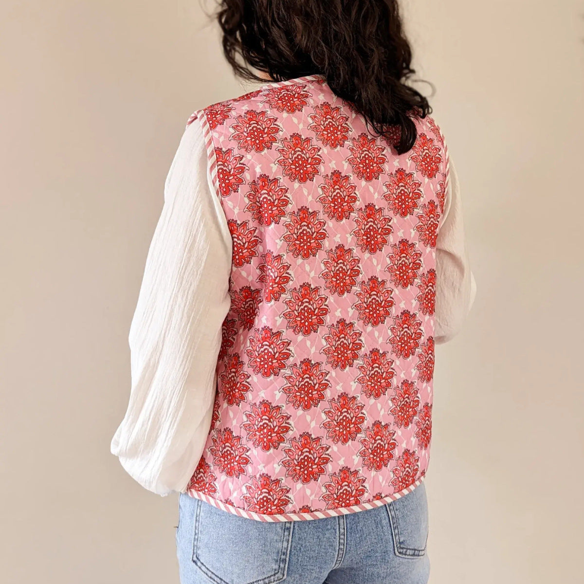 Quilted Vest with Floral Print and Tie Details