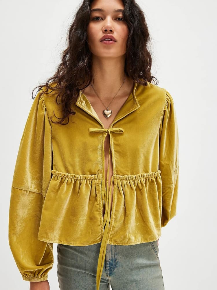 Velvet Blouse with Bow Closure