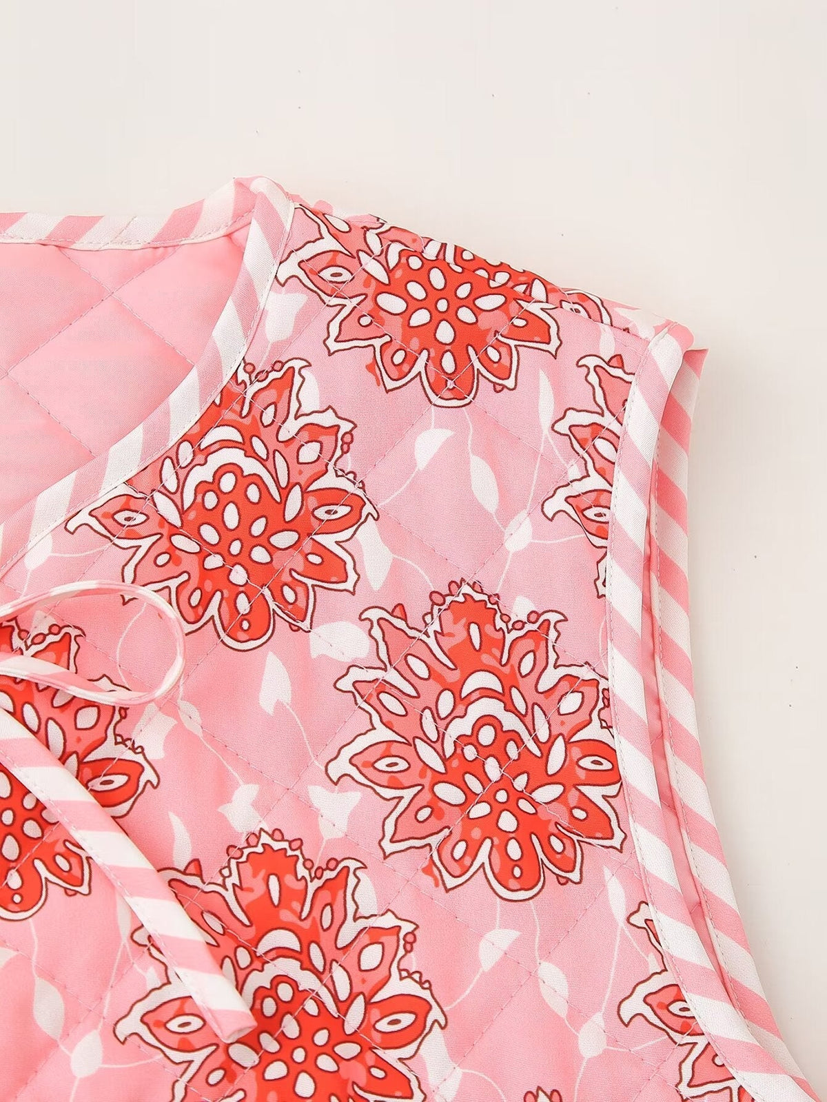 Quilted Vest with Floral Print and Tie Details