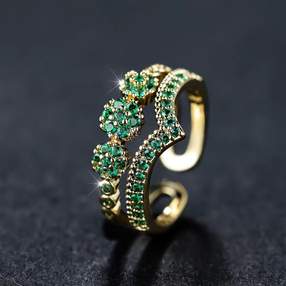 Gold Double Band Ring with Green Crystals - Saphyra