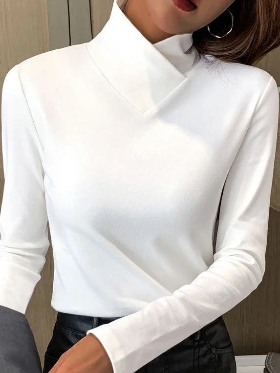 Women's Elegant Asymmetric High-Neck Knitted Jumper with Crossover Collar and Long Sleeves – Soft Cotton Cashmere Blend Slim Fit Pullover for Smart Casual Office Wear and Autumn Winter Layering