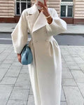 Women's Elegant Long Wool Winter Coat with Double-Breasted Button Front and Wide Notched Lapels – Tailored Fitted Waist Maxi Overcoat with Statement Sleeves for Sophisticated Office Wear and Formal Autumn Winter Styling