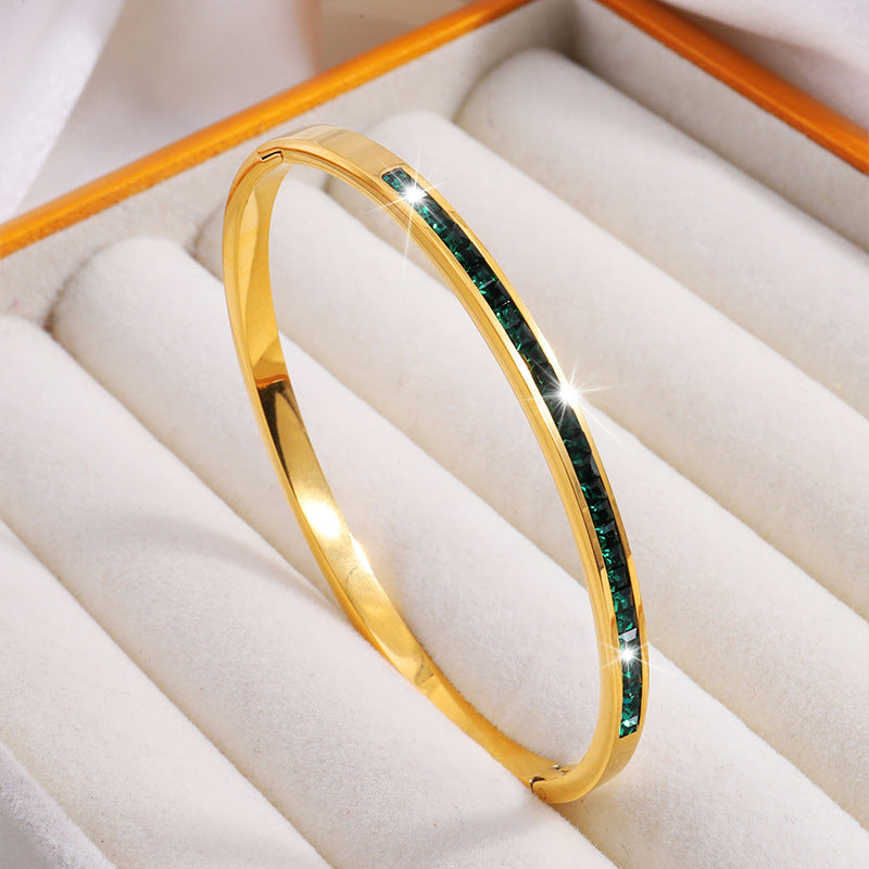 Gold Bangle Bracelet with Green Crystals - Mirella