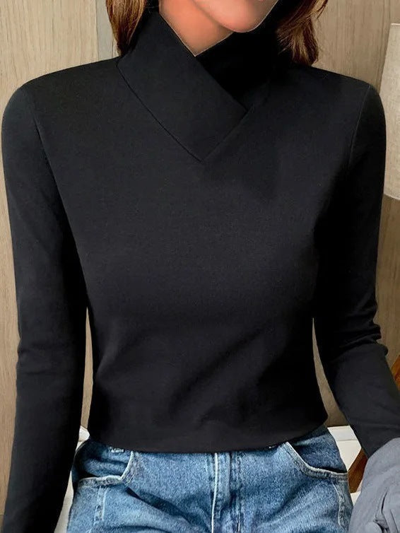 Women's Elegant Asymmetric High-Neck Knitted Jumper with Crossover Collar and Long Sleeves – Soft Cotton Cashmere Blend Slim Fit Pullover for Smart Casual Office Wear and Autumn Winter Layering