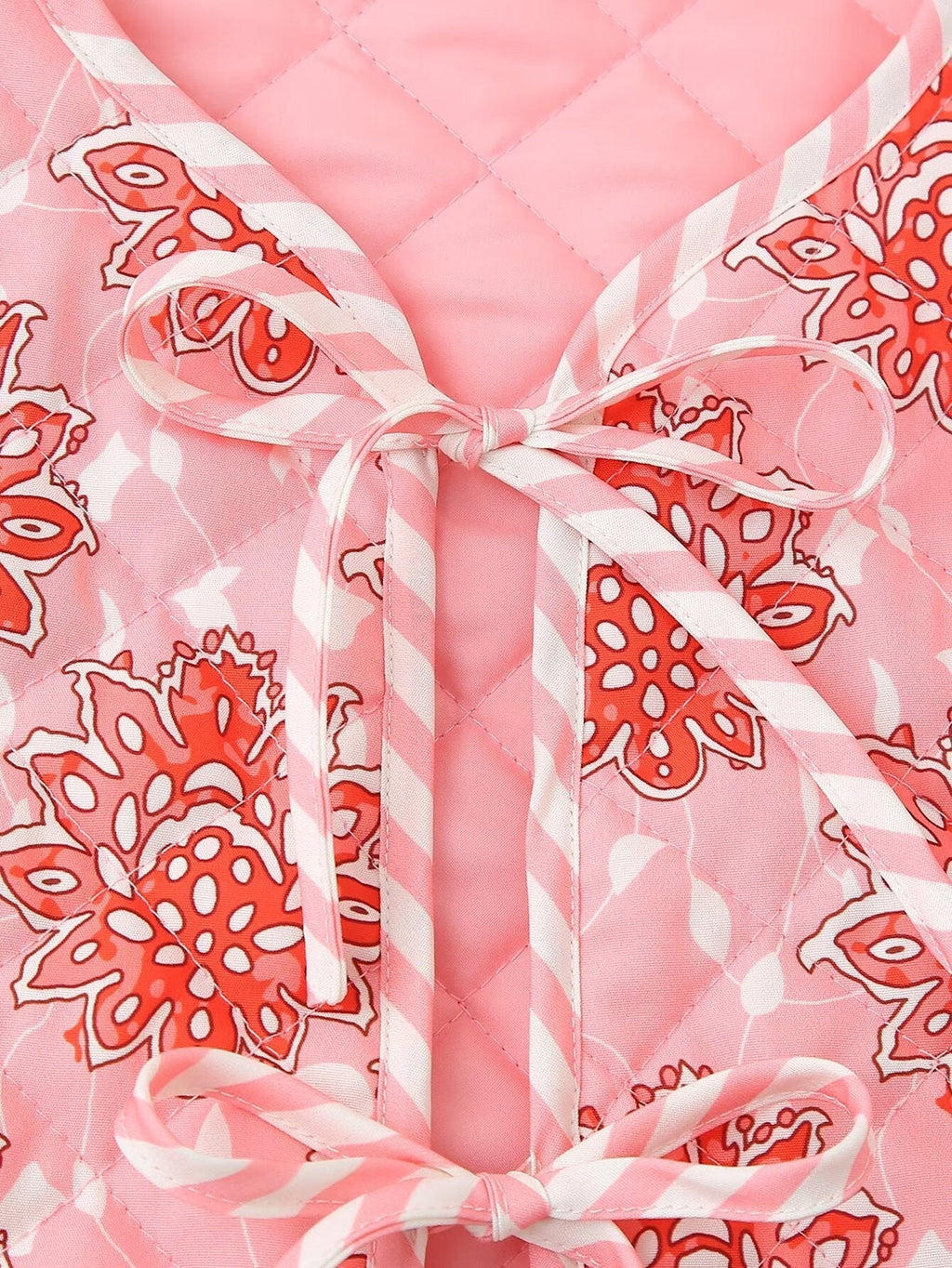 Quilted Vest with Floral Print and Tie Details