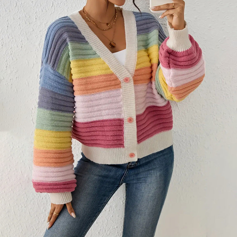 Women’s Oversized Ribbed Knit Cardigan with V-Neck and Button Front – Soft Warm Layer for Autumn and Winter