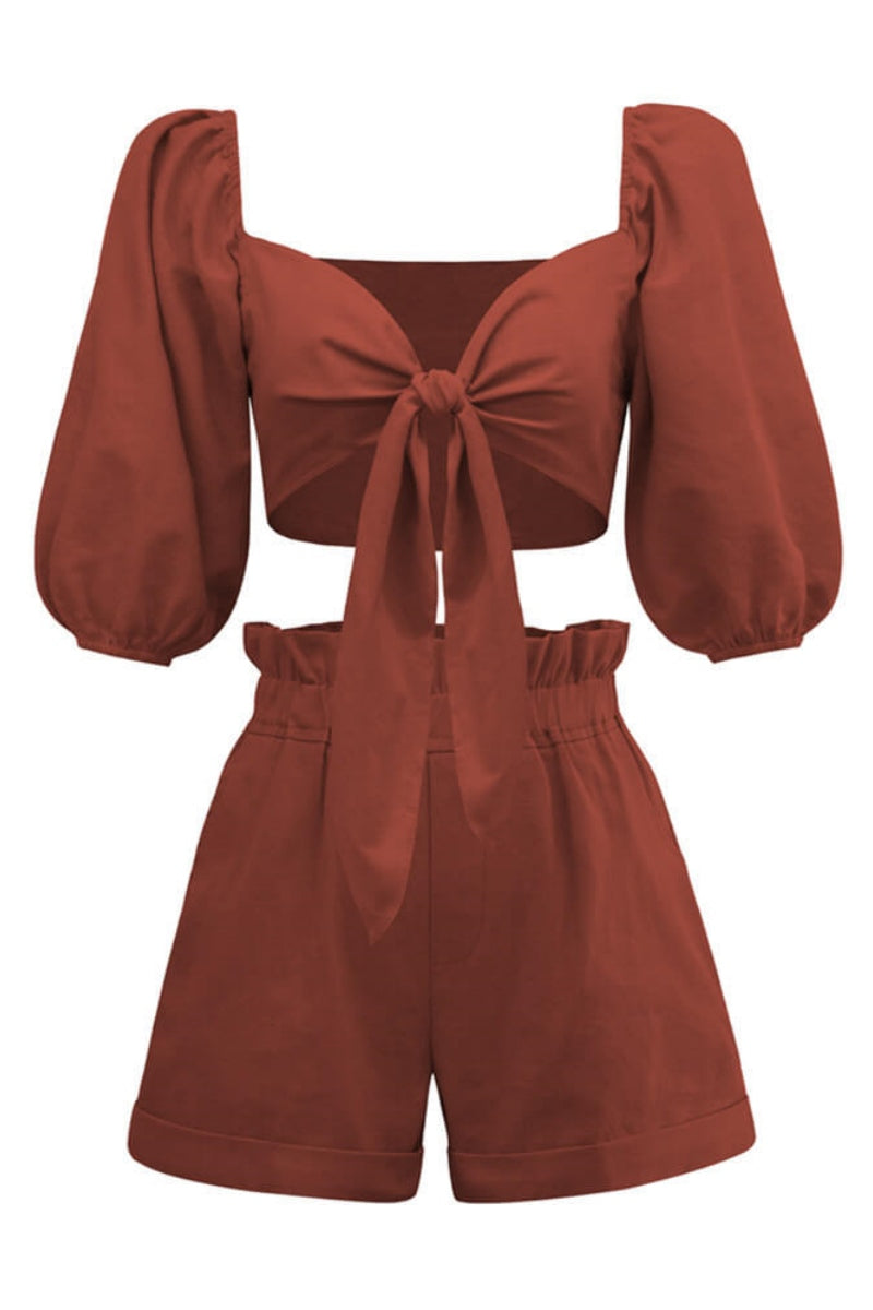 Modern Linen Wrap Front Tie Puff Sleeve Shorts Sets