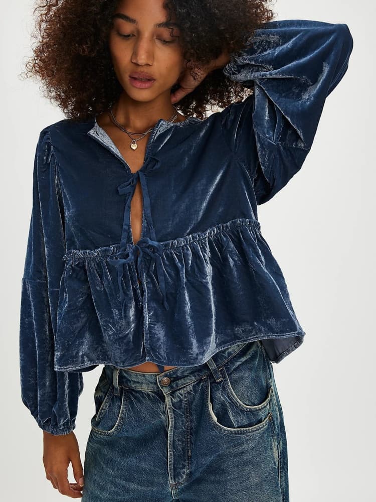 Velvet Blouse with Bow Closure