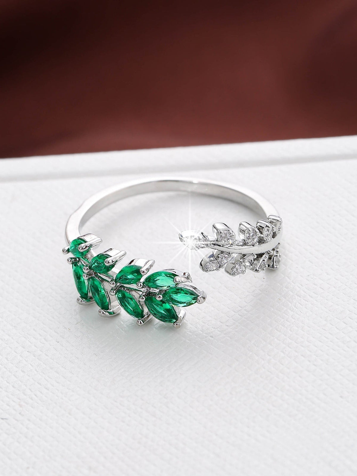 Adjustable Silver Ring with Green Crystal Leaves - Liora