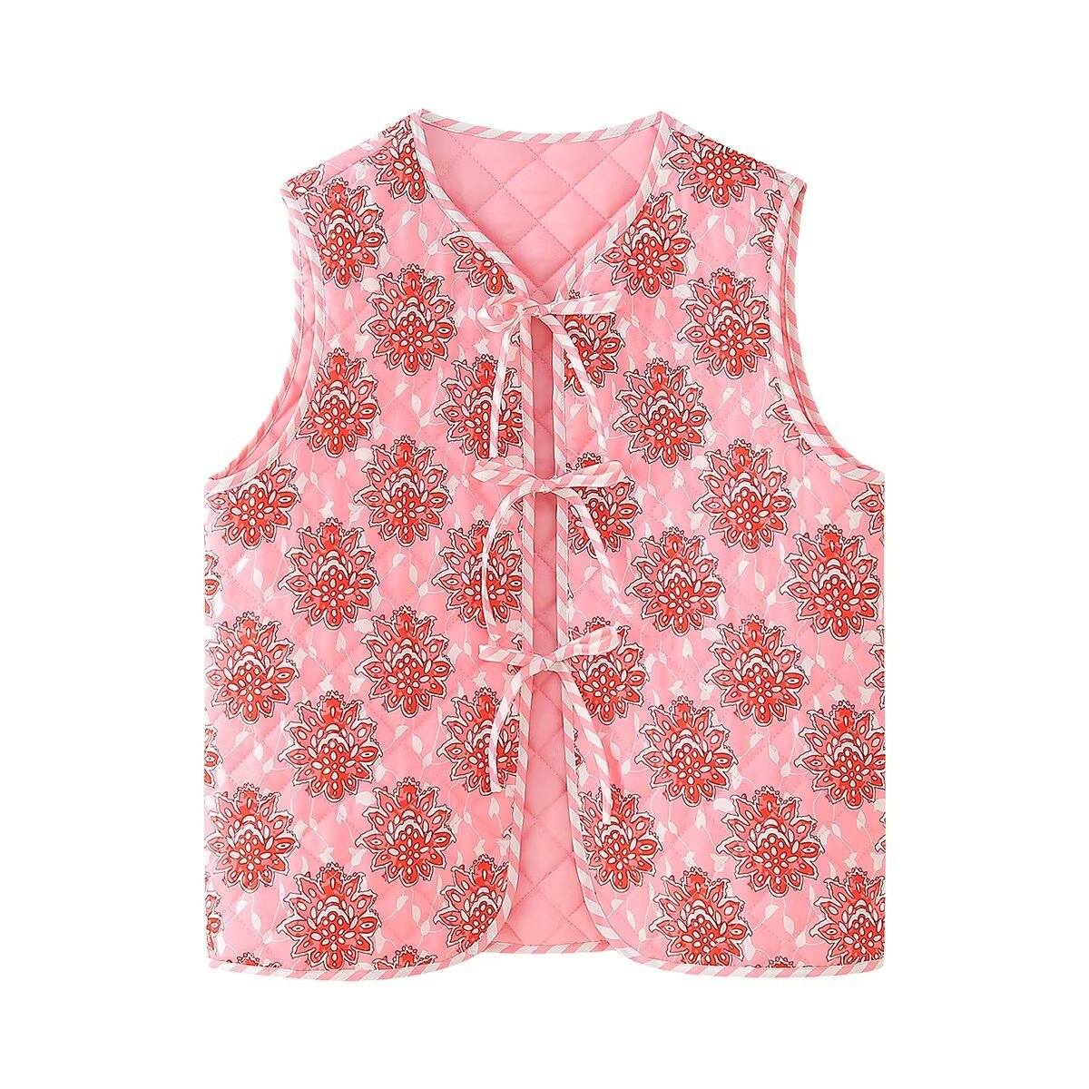 Quilted Vest with Floral Print and Tie Details