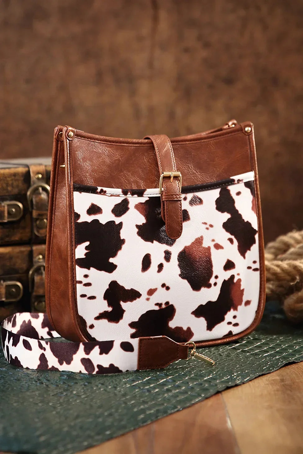 Modern Western Cowboy Style Brown Cow Print Crossbody Bag