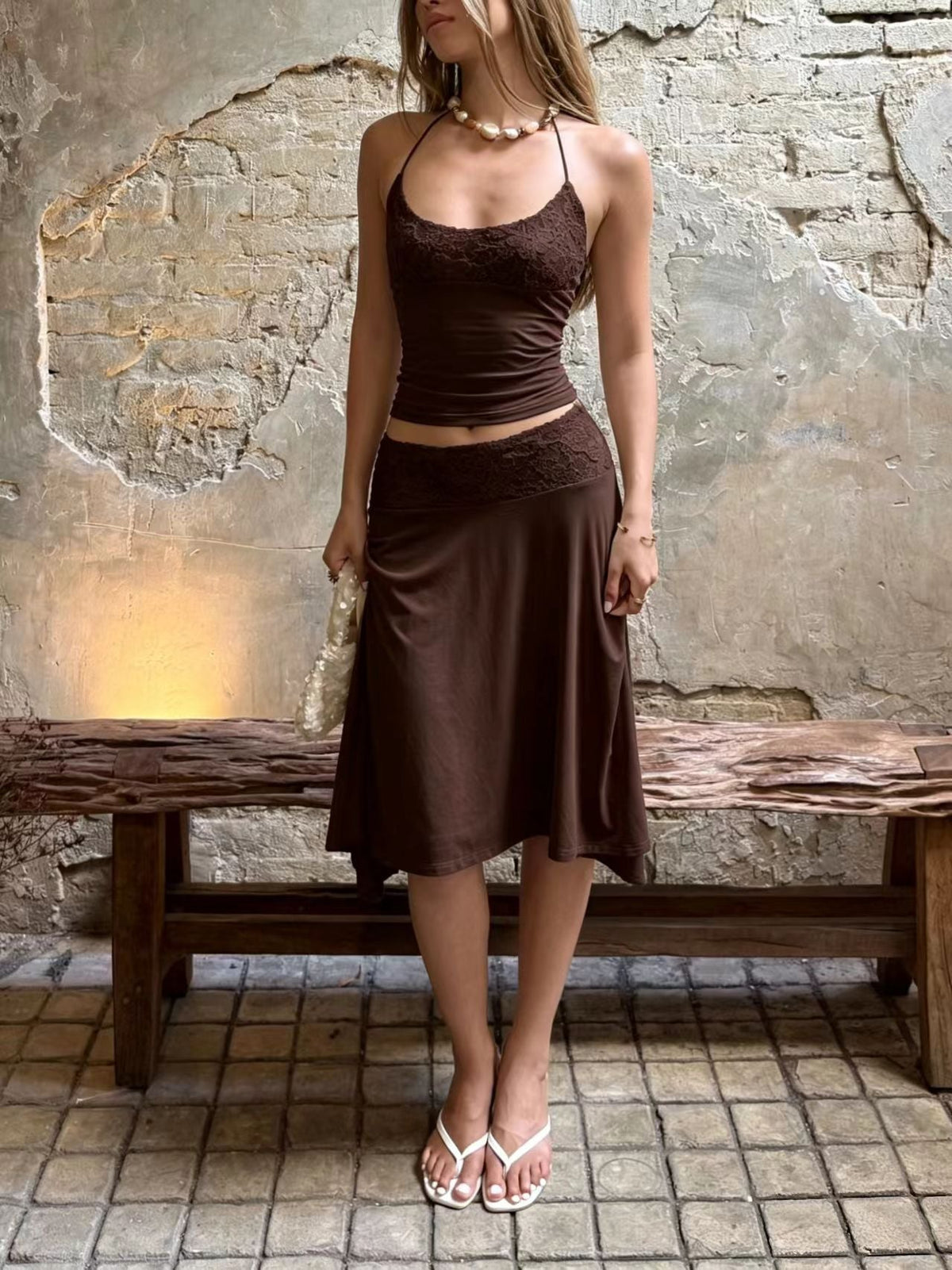 Women’s Lace Trim Camisole Top and Asymmetric Midi Skirt Set – Elegant Lightweight Two-Piece Summer Outfit for Holidays and Special Occasions