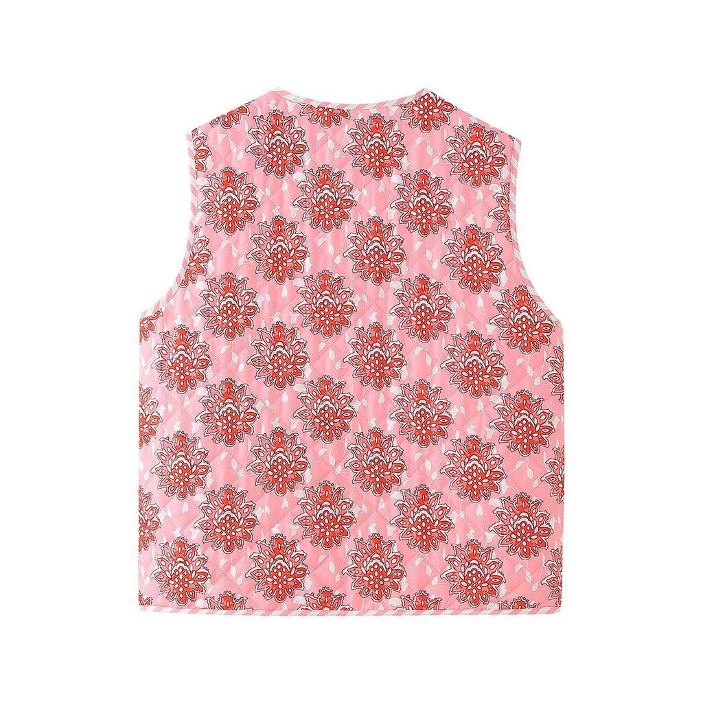 Quilted Vest with Floral Print and Tie Details