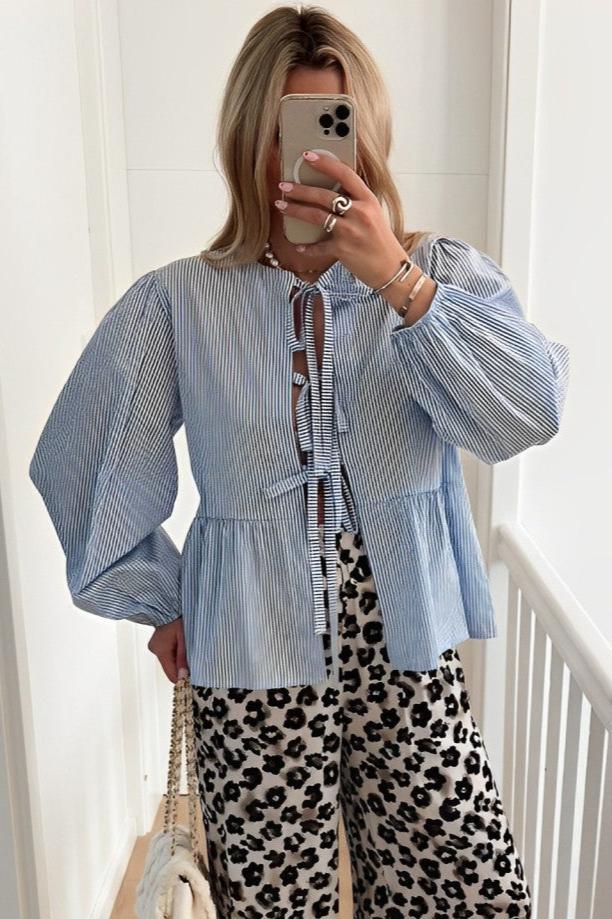Modern Pinstripe Bow Blouse