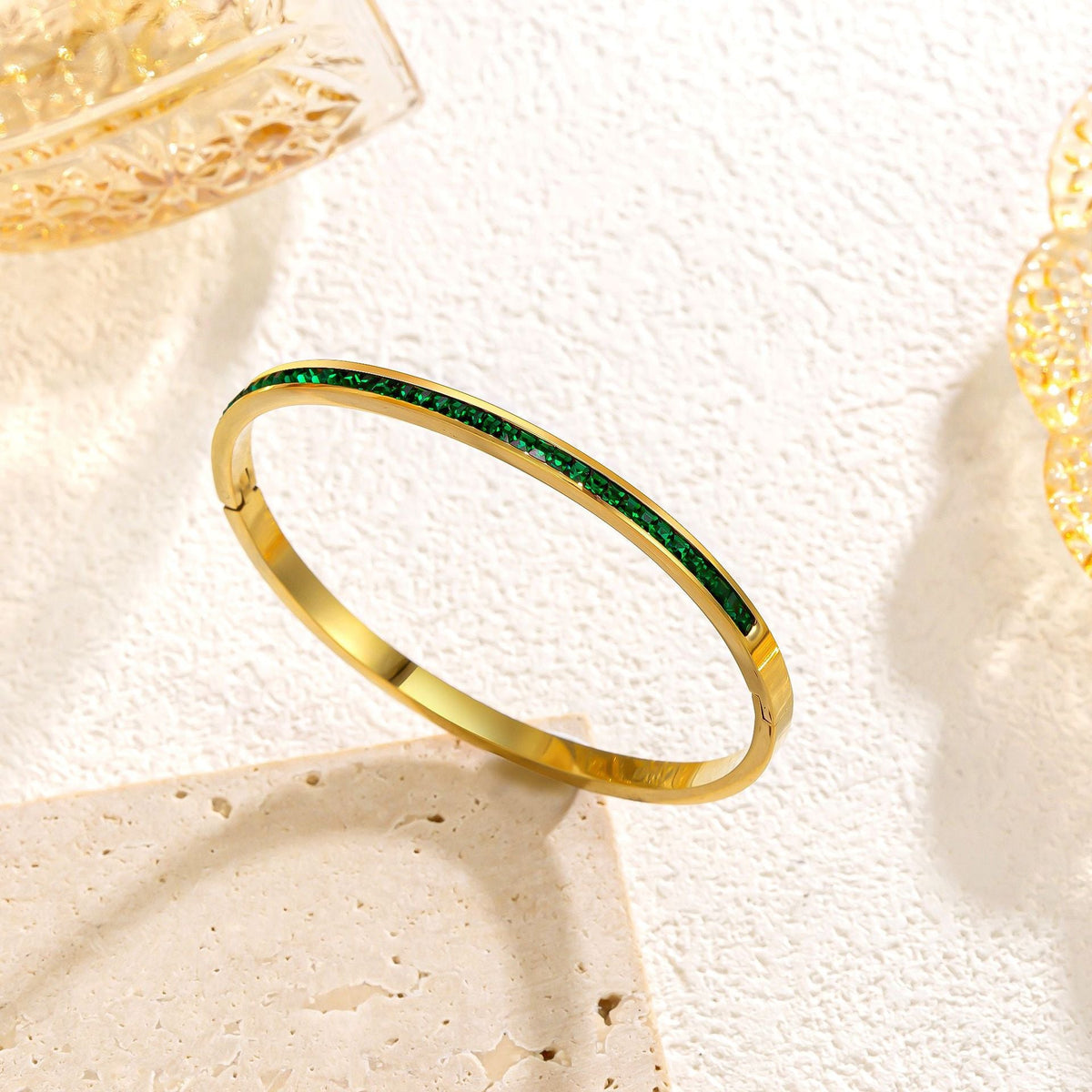 Gold Bangle Bracelet with Green Crystals - Mirella