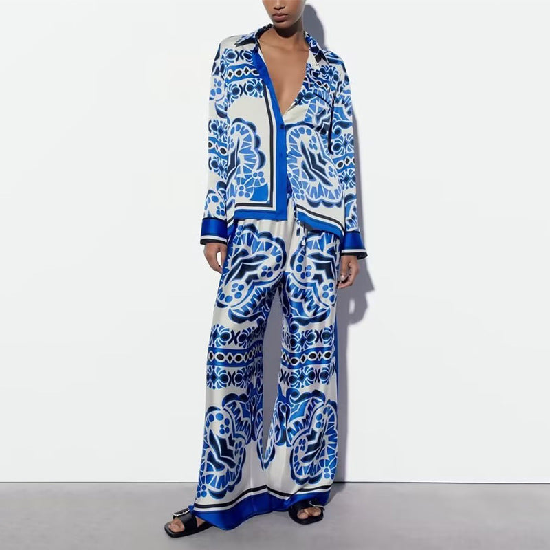 Women’s Relaxed Printed Button-Up Shirt and Wide Leg Trouser Set – Lightweight Satin Blend Two-Piece Summer Resort Outfit