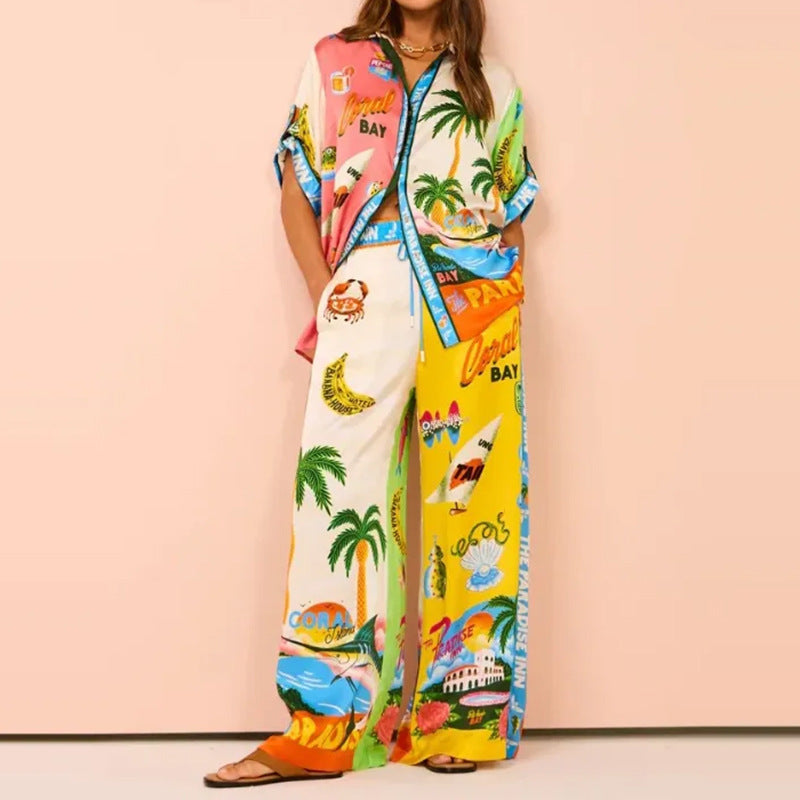 Women’s Relaxed Printed Button-Up Shirt and Wide Leg Trouser Set – Lightweight Satin Blend Two-Piece Summer Resort Outfit