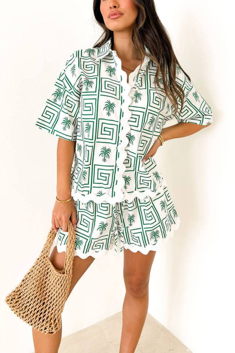 Shirt Collar Summer Botanical Print Vacation Relaxed Set