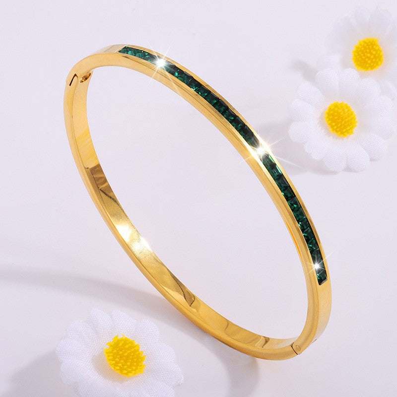 Gold Bangle Bracelet with Green Crystals - Mirella
